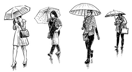 Sketches of four casual city women pedestrians under umbrellas walking in raining,vector hand drawn illustration isolated on whiteのイラスト素材