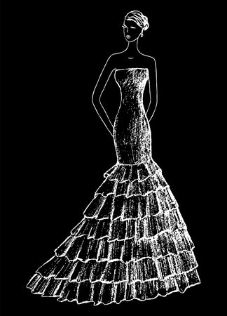 Textured outline drawing of young slim beautiful woman in evening gown, vector illustration black and whiteのイラスト素材