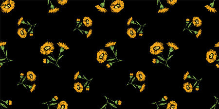 Daisy orange flowers spring textured sketches seamless pattern, floral vector black background, fabric, paper, textileのイラスト素材