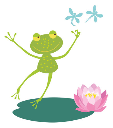 Frog cartoon green cheerful, playful, active, jumping, leaf, pink water lily, summer, pond, flying dragonflies, vector illustration isolated on whiteのイラスト素材