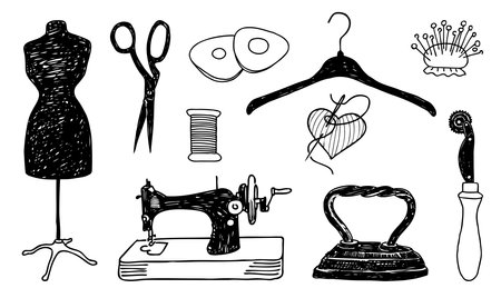 Sewing tools, mannequin, scissors, thread reel, iron, needle, sewing machine, tailor chalk, pins, hanger, set, retro,doodle,set, vector hand drawn illustration, isolatedのイラスト素材