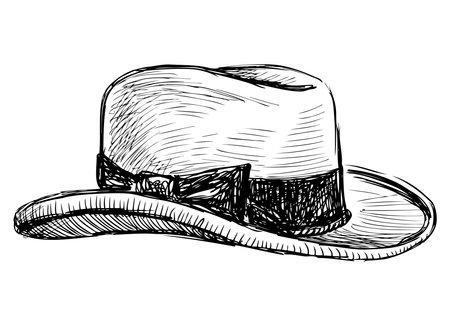 Hat white,male,accessory,elegance,bow,fashion, classic,retro,style,one,sketch,vector hand drawn illustration isolated on whiteのイラスト素材