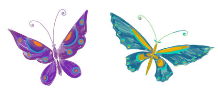 Butterflies two, watercolor drawing, wings, putple, green, flying,summer, decorative, vector illustration isolated on whiteのイラスト素材