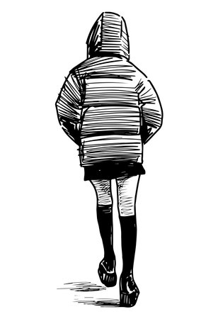 Young people, one casual city girl, silhouette, jacket, hood, slim, fashionable, modern, back view, doodle, sketch, vector hand drawn illustration isolated on whiteのイラスト素材