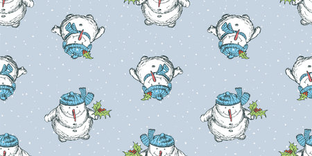 Seamless pattern of drawn cartoon cheerful christmas snowmen looking up on snowfall, vector background, wallpaper, paperのイラスト素材