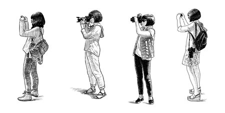Young girls tourists photographing on smartphone and camera, slim brunettes, sketches, realistic hand drawn vector illustrationのイラスト素材