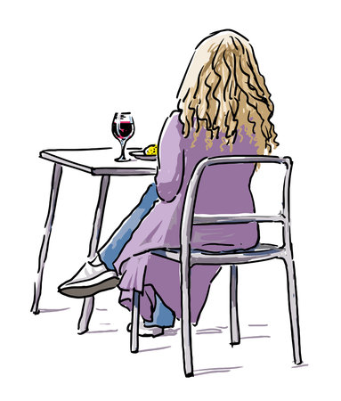 Lonely young city woman sitting in street cafe with wine glass in wait, realistic vector hand drawn illustration isolated on whiteのイラスト素材