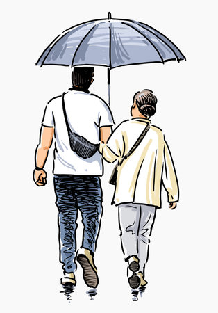 Couple citizens pedestrians under umbrella walking outdoors in raining on summer day, back view, sketch, vector illustrationのイラスト素材