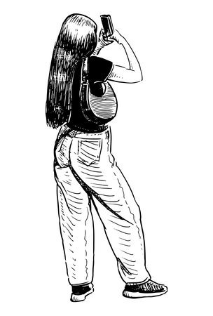 Young modern city girl with long hair photographing on smartphone, rear view, realistic vector hand drawing, white backgroundのイラスト素材