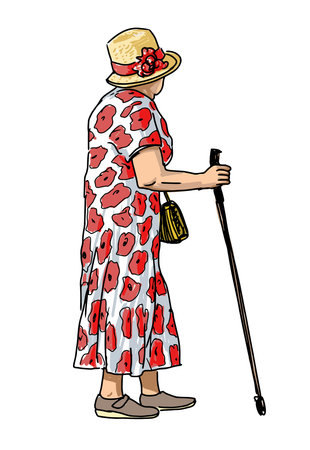 Elderly elegant woman in hat, floral dress with cane and handbag walking outdoors alone, side view, vector realistic hand drawingのイラスト素材