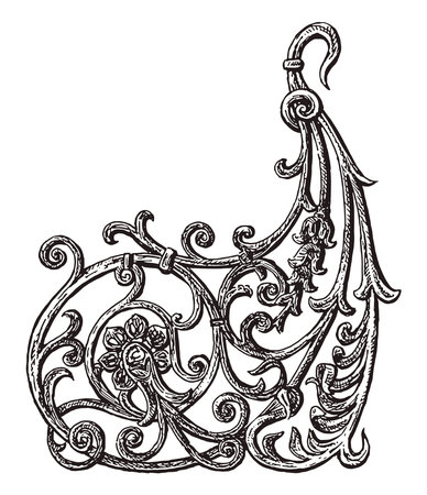 Vintage decorative corner, ancient design element retro style, vector hand drawn illustration isolated on white backgroundのイラスト素材