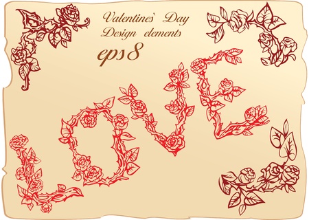 Set of vintage elements and vignettes for Valentine`s Day greeting - word LOVE is made of rosesのイラスト素材