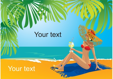 Landscape border with beautiful girl sunbathing at the beachのイラスト素材