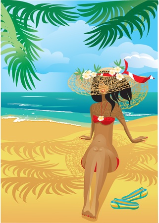 Girl on a tropical beach with straw hatのイラスト素材