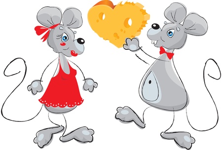 cartoon of a Male Mouse Giving a Female Mouse a Heart - shaped Cheeseのイラスト素材