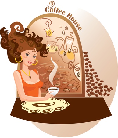 Beautiful girl into coffee houseのイラスト素材