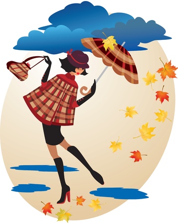English girl in checkered coat with umbrella and handbag - Autumn illustrationのイラスト素材