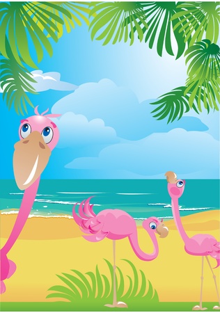 Portrait border with flamingos on beautiful tropical beachのイラスト素材