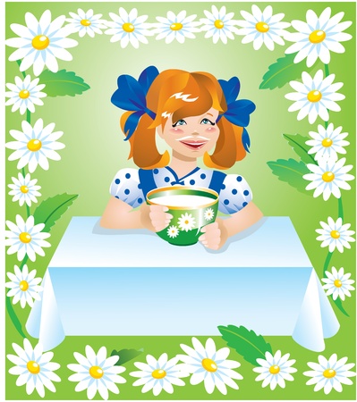 girl with cup of milk and camomile borderのイラスト素材
