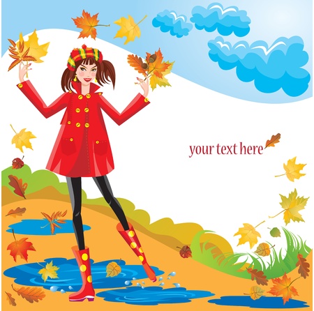 Pretty girl dressing coat and rubber boots walks in autumnal park - square frameのイラスト素材