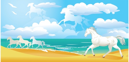 sea side landscape with horses and cloudsのイラスト素材