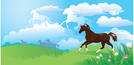country side landscape with horses and cloudsのイラスト素材