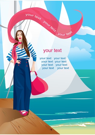 Beautiful woman on pier. Portrait frame with yacht and seaside.のイラスト素材