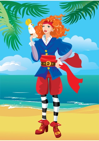 Pirate girl on beautiful tropical beachのイラスト素材