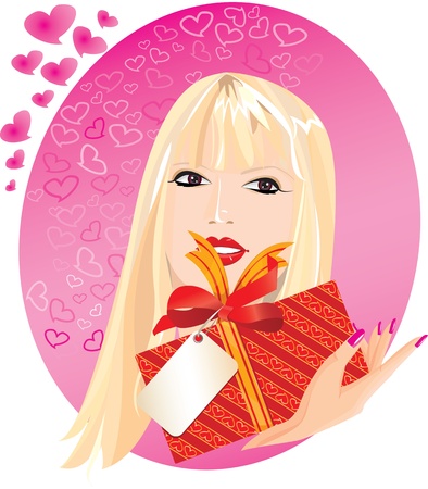 blond girl portrait with little red gift box in her handのイラスト素材