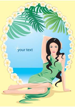 oval frame with beautiful woman and sea sade landscapeのイラスト素材