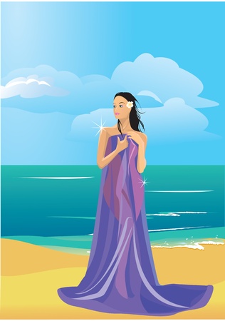 Beautiful naked woman wrapped in a towel on beachのイラスト素材