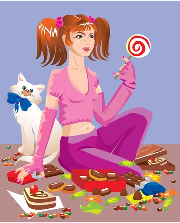 sweet tooth girl with different sweets: chocolate, cakes, lollipops, candyのイラスト素材