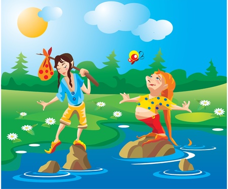 2 gnomes - thick and thin - go across the riverのイラスト素材