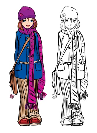 Winter cute girl dressing stripped skarfのイラスト素材
