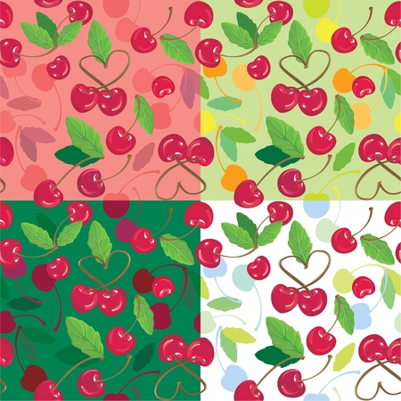 Red cherries with green leaves on green, pink, white backgrounds. A seamless background のイラスト素材