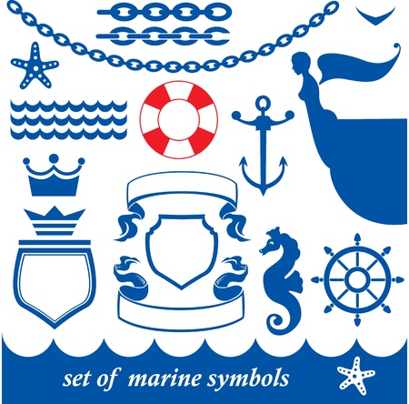 Set of marine elements - chain, anchor, crown, shield, wheel, noun, etc.のイラスト素材
