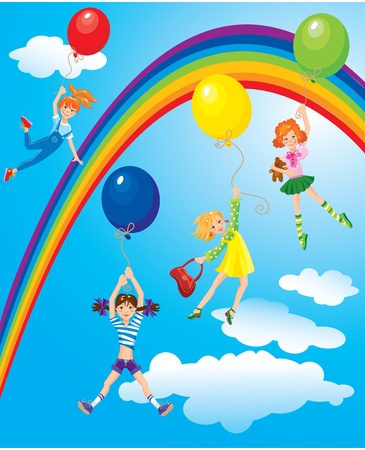 cute girls flying away on balloons on sky background with rainbowのイラスト素材