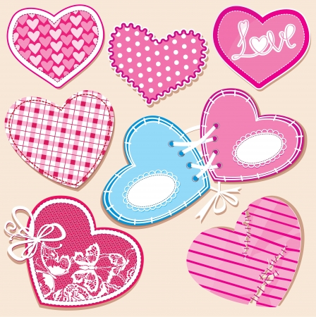 Scrapbook set of hearts in stitched textile styleのイラスト素材
