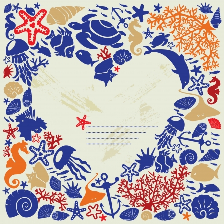 Background heart is surrounded of fishes, dolphins, shells, corals, meduses, seahorsesのイラスト素材