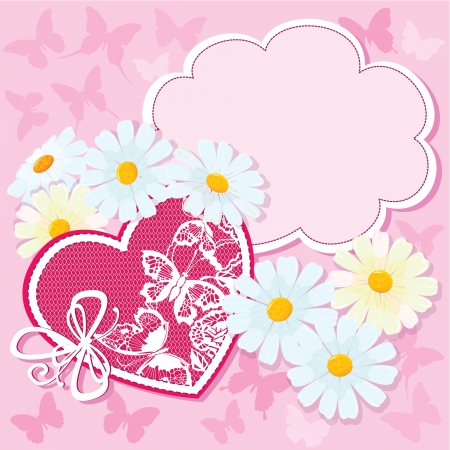 Heart and daisies on a pink background with butterflies. valentine cardのイラスト素材