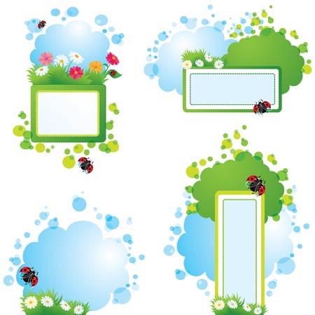 Set of summer backgrounds and frames with grass, flowers and ladybirdsのイラスト素材