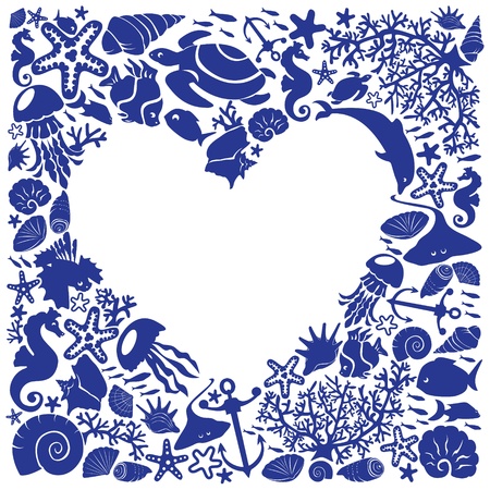 White background heart is surrounded of fishes, dolphins, shells, corals, seahorsesのイラスト素材