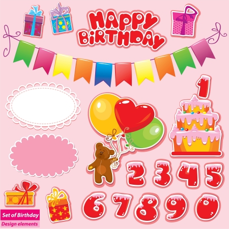 Set of Birthday Party Elements for your design with Teddy Bear, Cake, gift boxes, numeralsのイラスト素材