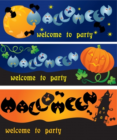 invitation cards to Halloween party with pumpkin, bats, ghosts and other terrifying things (horizontal design)のイラスト素材
