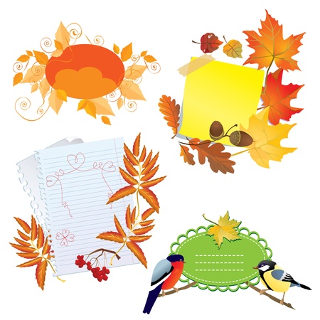 Autumn frames with Leafs, pieces of paper and birdsのイラスト素材