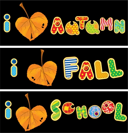 Autumnal heart is made of leaf and words AUTUMN, FALL, SCHOOLのイラスト素材