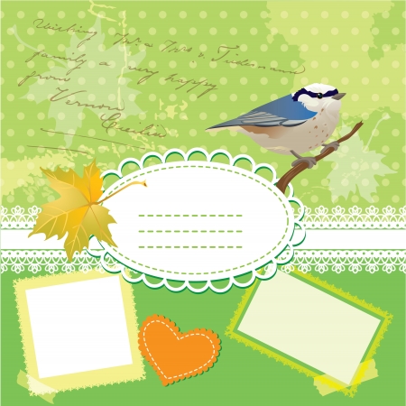 Vintage frames with bird and leafs, against polka dot background. のイラスト素材