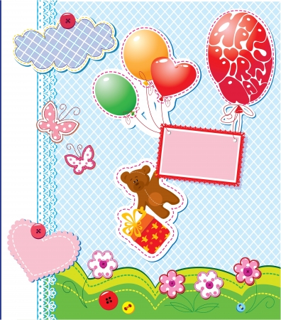 baby birthday card with teddy bear and gift box flying with balloonsのイラスト素材