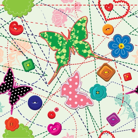 Seamless background with stitches, shreds, buttonsのイラスト素材