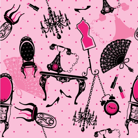 Seamless pattern with antique furniture - black silhouettes on pink backgroundのイラスト素材